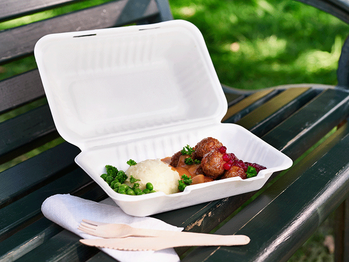 A person outdoors holds a white takeaway container filled with Swedish meatballs, mashed potatoes, cream sauce, lingonberry jam, and green peas.