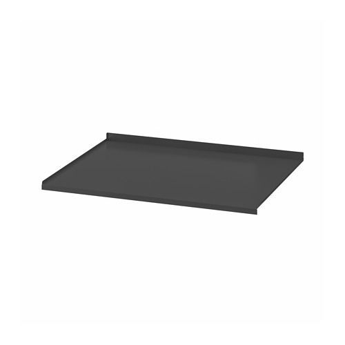 Estantería rectangular negra, superficie plana, material plástico.