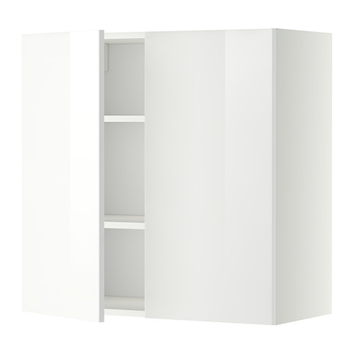 Mueble de cocina METOD blanco con puertas y estante brillantes.