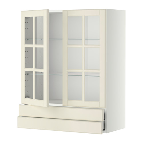 Mueble de cocina METOD, color crema, puertas de cristal, estantes ajustables, cajones de cierre suave.