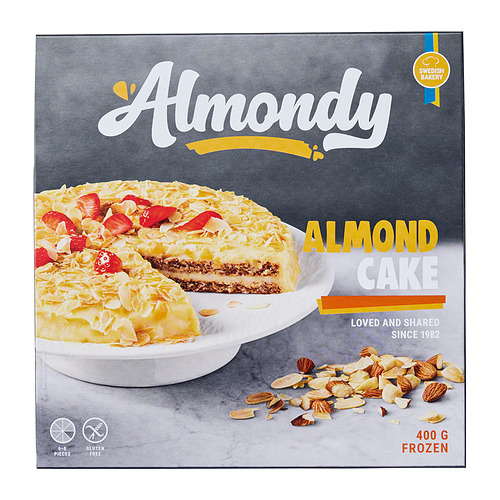 Caja de bizcocho de almendras ALMONDY - 400 g, rebanada de bizcocho con almendras, bizcocho entero con fresas, almendras dispersas.
