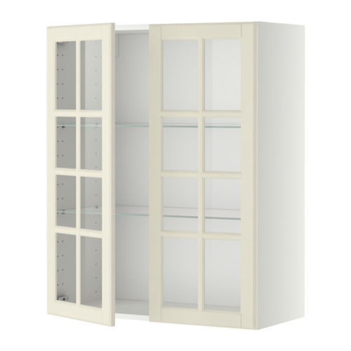 Mueble de cocina IKEA METOD, blanco roto, puertas de cristal, paneles cuadrados, estantes ajustables.