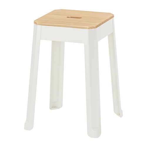 Taburete individual de metal blanco con asiento de madera, diseño moderno, ideal para asientos adicionales o mesa auxiliar.