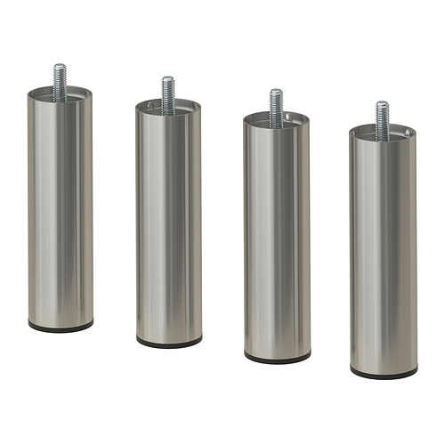 Cuatro patas de acero inoxidable con tornillos, elegantes y cilíndricas, diseñadas para muebles, dispuestas uniformemente.