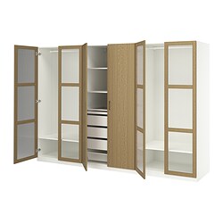 PAX/GRIMO, wardrobe combination, TONSTAD oak veneer / glass
