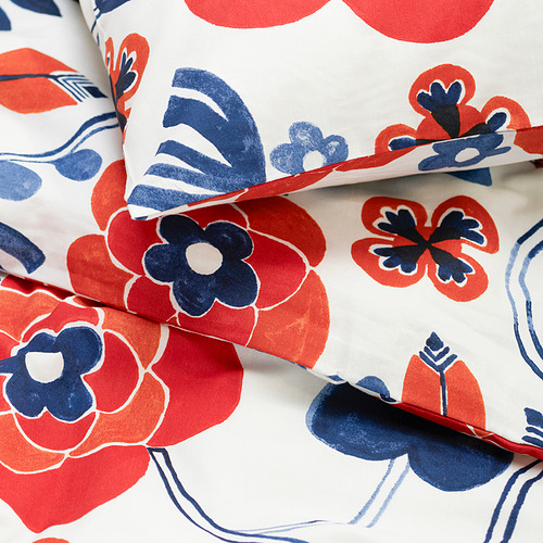Conjunto nórdico floral, flores rojas/azules, suave mezcla de algodón y viscosa.