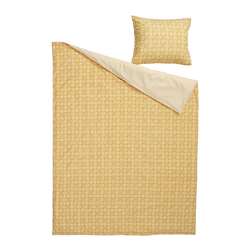 Conjunto nórdico HAMNSENAP, amarillo, estampado geométrico, reverso de rayas, mezcla de algodón suave.