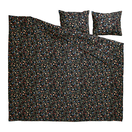 BRUDKRUSBÄR: conjunto nórdico negro con estampado floral, 100% algodón orgánico, rectangular con almohadas.
