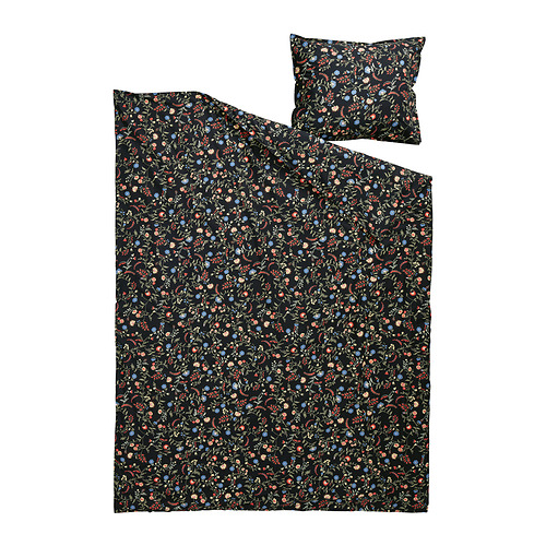 El juego nórdico BRUDKRUSBÄR de algodón orgánico negro con coloridos estampados florales, ideal para ropa de cama cómoda y ecológica.
