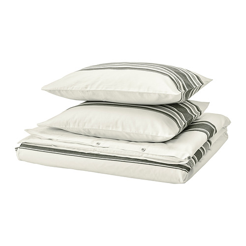 Juego de cama JÄTTEFRÄKEN apilado en rayas blancas y grises, forma rectangular.