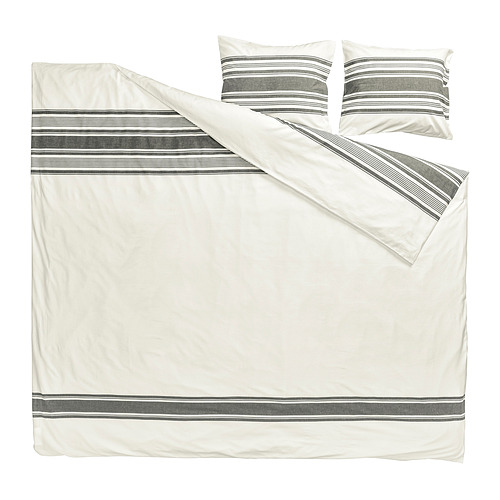 Colcha JÄTTEFRÄKEN blanca con rayas grises, confeccionada en algodón 100% reciclado, incluye edredón y dos fundas de almohada.