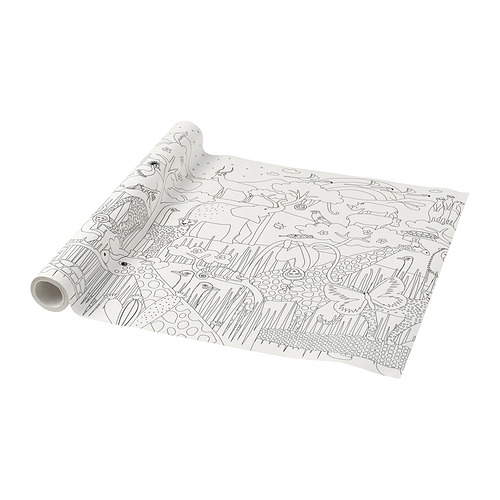 Rollo SANDLÖPARE, blanco con dibujo de la naturaleza de contorno negro, para colorear, sobre papel blanqueado sin cloro.