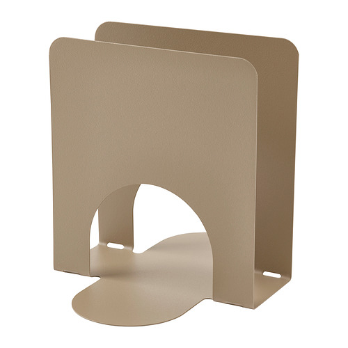 SKOGSRÖR, un servilletero metálico en color beige. Su diseño simple y resistente mantiene las servilletas organizadas y accesibles, combinando funcionalidad con un aspecto elegante.