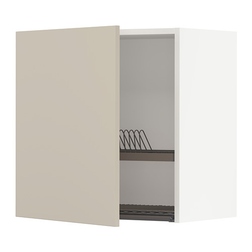 Mueble de cocina moderno METOD en beige, diseño elegante, puerta abierta que muestra estante y escurridor de platos.