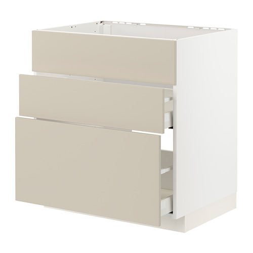 Gráfico: Mueble de cocina METOD, beige, rectangular, acabado liso con tres cajones.