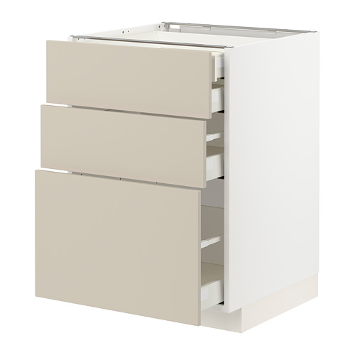 Mueble de cocina METOD: cajones beige, base blanca, tres cajones.