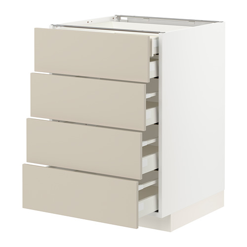 Un moderno mueble de cocina METOD blanco con cajones beige. Tiene cuatro cajones, cada uno de los cuales se abre suavemente y se cierra suavemente.