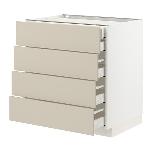 Mueble de cocina moderno METOD con cuatro cajones beige, tablero de fibra y pintura acrílica, diseño limpio.