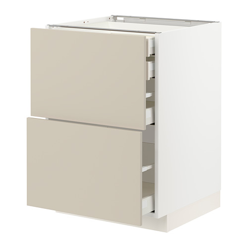 Mueble de cocina moderno de color beige con tres cajones, interior blanco y cajones de cierre suave.