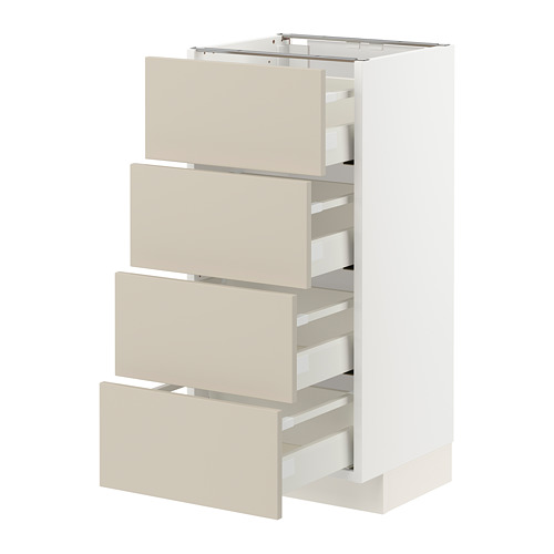 Mueble de cocina METOD con cuatro cajones beige, frentes lisos y limpios, extraíble completamente con cierre automático.