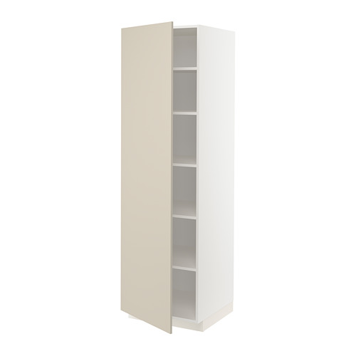 Esta imagen muestra un mueble de cocina blanco y beige con estantes ajustables y una puerta que se puede abrir a ambos lados.