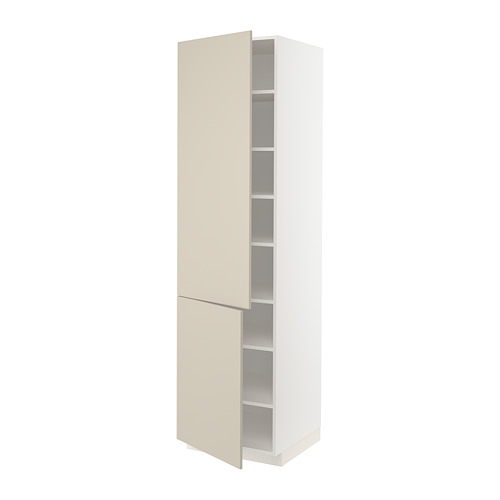 Un mueble de cocina METOD de ikea beige abierto con estantes ajustables en el interior.