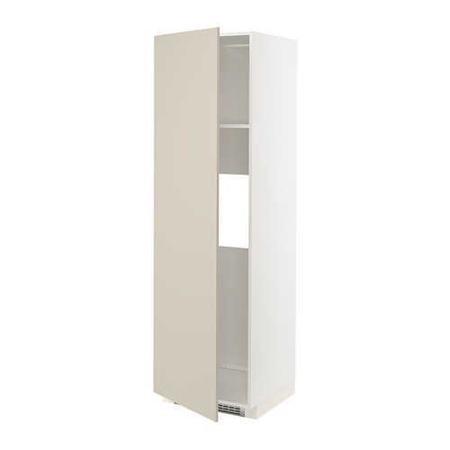 Mueble vertical blanco con puerta beige, estante ajustable, elegante diseño minimalista.