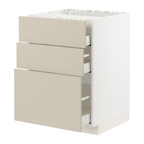 Mueble de cocina METOD beige con tres cajones, rectangular, diseño moderno.