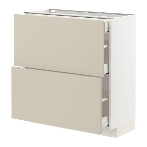 Mueble de cocina METOD en color beige con tres cajones, diseño liso y moderno, acabado en blanco y beige.