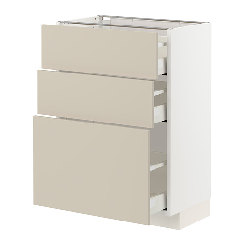 Mueble de cocina METOD en color beige con tres cajones, diseño moderno y minimalista.