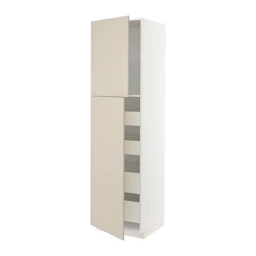 Mueble de cocina METOD, beige, blanco y gris, alto, 2 puertas, 4 estantes.