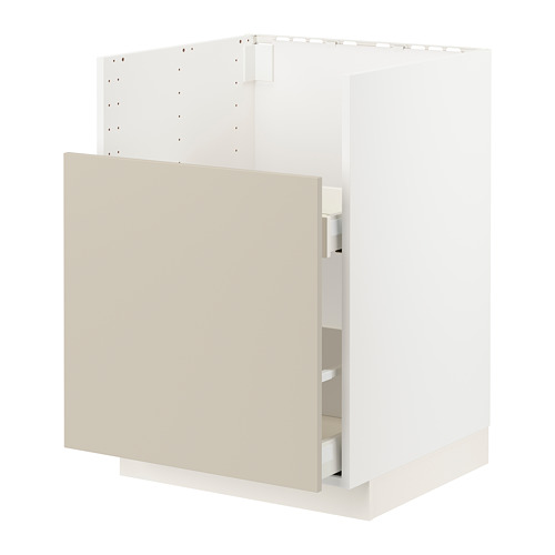 Un mueble de cocina METOD beige con marco blanco y superficies lisas, con dos cajones.