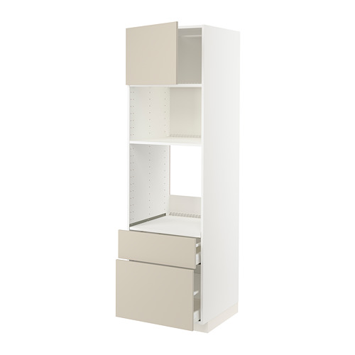 Mueble de cocina METOD blanco con cajones y estantes beige.