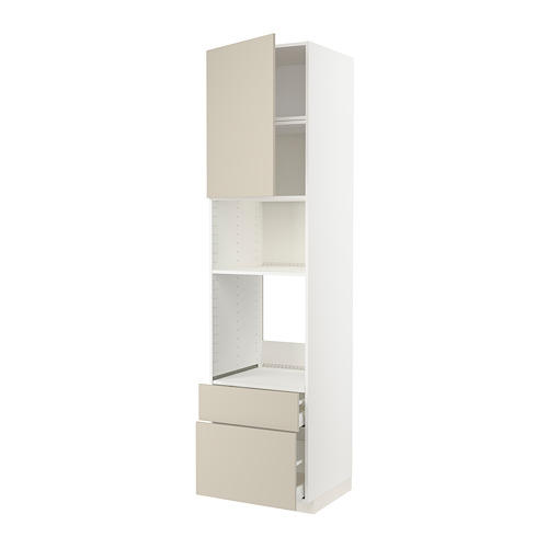 Representa un mueble de cocina METOD de ikea en color beige con interior blanco, con dos estantes y un cajón.