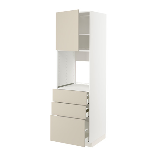 Mueble de cocina METOD con frentes havstorp beige; Armario blanco, tres cajones, forma alta, diseño minimalista.