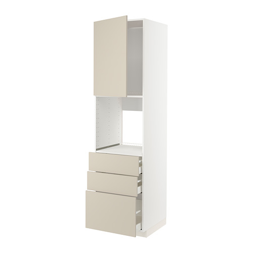 Un mueble de cocina METOD blanco con cajones y armario beige. Tiene un diseño elegante y moderno con una estructura alta y almacenamiento integrado.