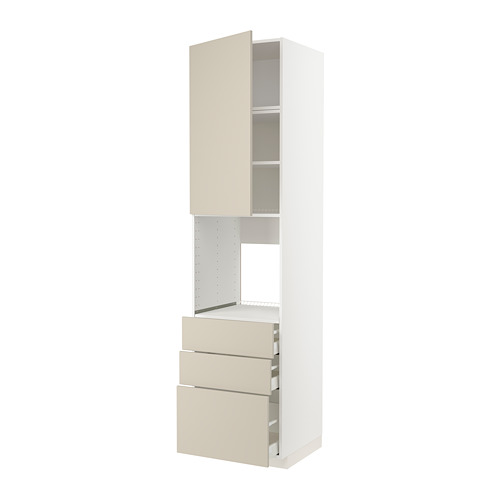 Mueble de cocina METOD en blanco y beige con cajones y estantes.