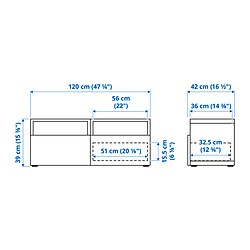 Ilustración de medidas - BESTÅ mueble TV con riel para cajón, cierre suave