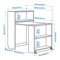 Ilustración de medidas - BILLY librería con mesa plegable
