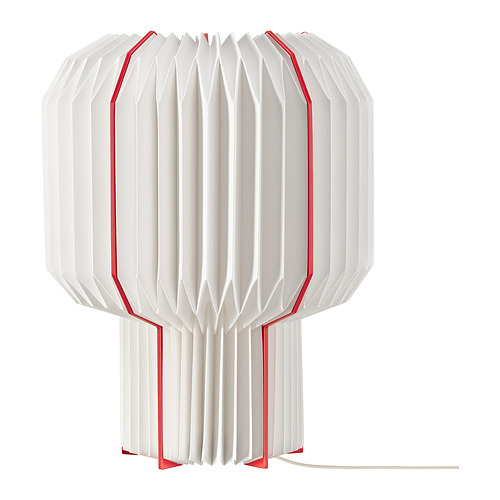Lámpara de mesa STRÅLA, blanca con detalles en rojo, plisada, diseño moderno, pantalla de papel sintético.