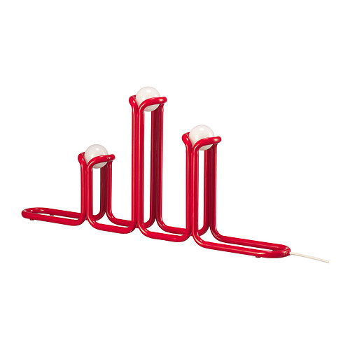 Candelabro rojo STRÅLA, moderno, diseño curvo, tres globos blancos, marco de acero, luces led, regulable.