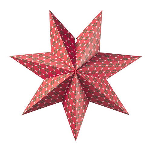Linterna roja en forma de estrella con motivos de hojas verdes y blancas, realizada en cartón, con un diseño festivo.