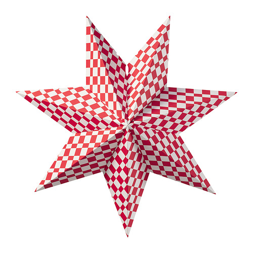 Lámpara en forma de estrella a cuadros rojos y blancos, hecha de cartón, con partes metálicas, crea un aspecto festivo.