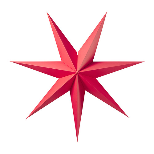 Una lámpara roja en forma de estrella de ocho puntos, de diseño moderno y minimalista, fabricada en cartón y policarbonato.