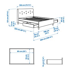 Ilustración de medidas - IDANÄS cama tapizada con almacenaje