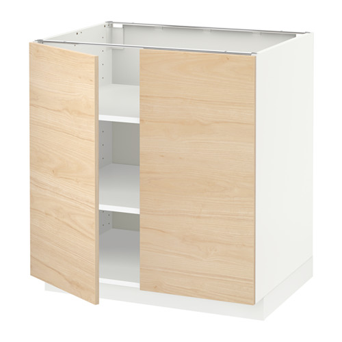 Mueble de madera natural, base blanca, estantes ajustables, forma cuadrada.