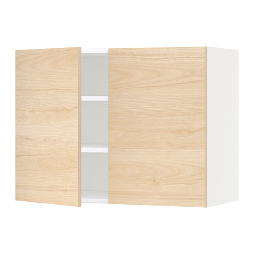 Moderno armario de pared METOD de madera clara con 2 puertas y panel central de cristal.