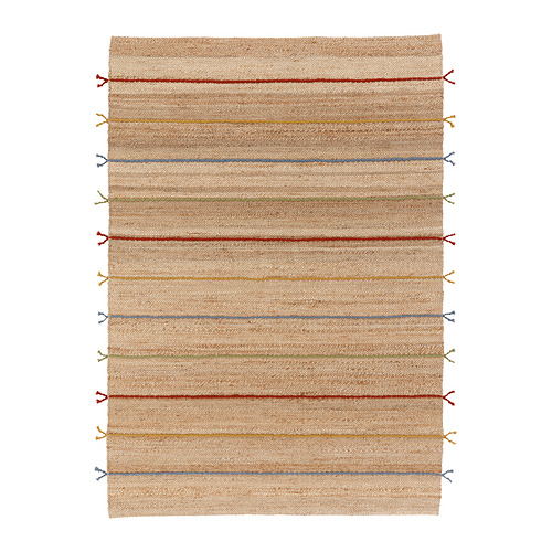 RAKLEV: alfombra de yute natural con rayas y borlas de lana multicolor, rectangular.