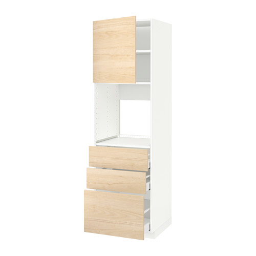 Moderno mueble de cocina blanco con cajones y armario de madera clara, múltiples compartimentos.