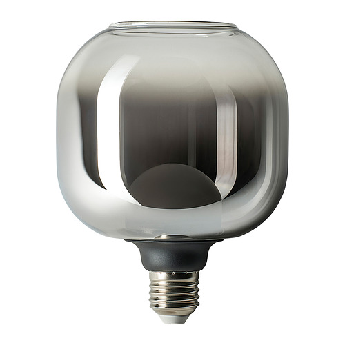 Bombilla MOLNART e26, cristal gris, forma única, luz cálida, diseño elegante.